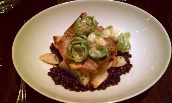 @ Frances: Striped bass with red lentils, brussels sprouts, hedgehog mushrooms, salsify & turnips