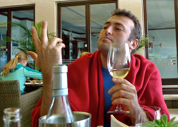 Contemplating the second bottle of wine over lunch at the Seerestaurant St. Alban