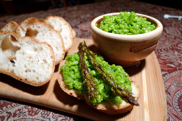 Roasted Asparagus atop Fresh Garden Pea Pure w/ Roasted Garlic