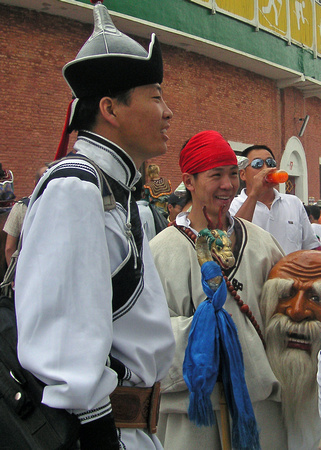 Costumed performers outside the stadium