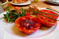 Heirloom Tomatoes with Olive Tapenade, Fatty Tuna and Arugula